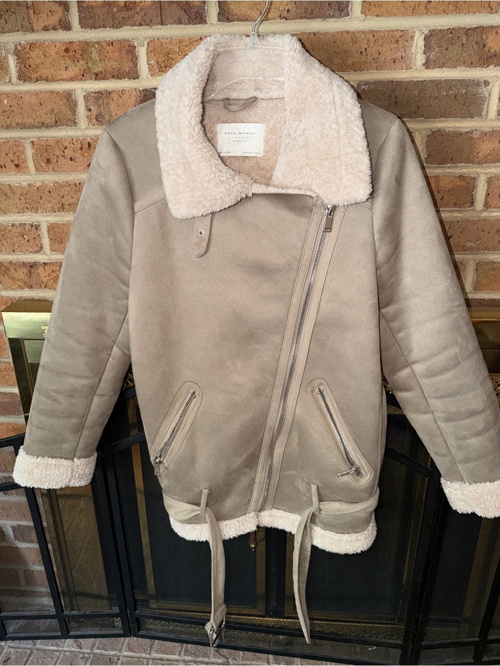 Zara Taupe Suede-Look Shearling Bomber Jacket